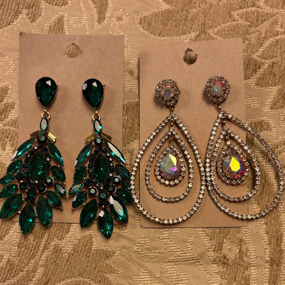 Elegant Green Teardrop Crystal Statement Earrings - Women Jewelry